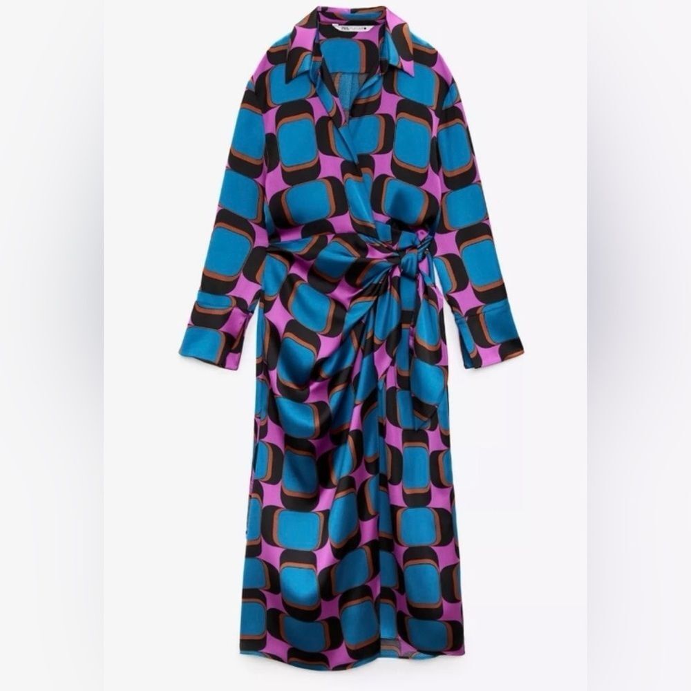 Zara Geometric Print Wrap Midi Dress Size M NWT